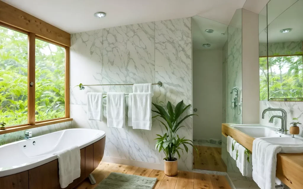 kamar mandi estetik dengan gaya biophilic