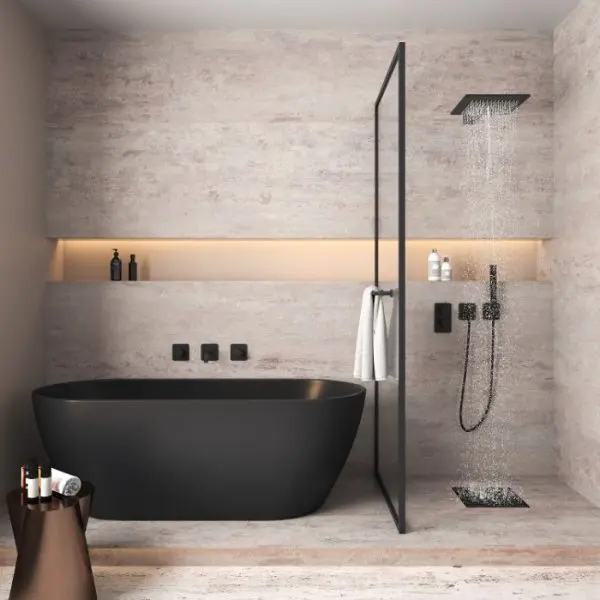 desain kamar mandi dengan bathtub berwarna gelap